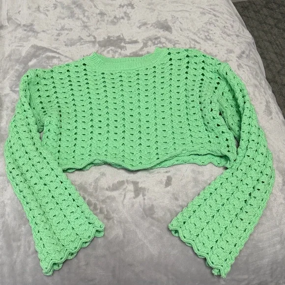 Zara Light Green Crochet Crop Top - Picture 1 of 7